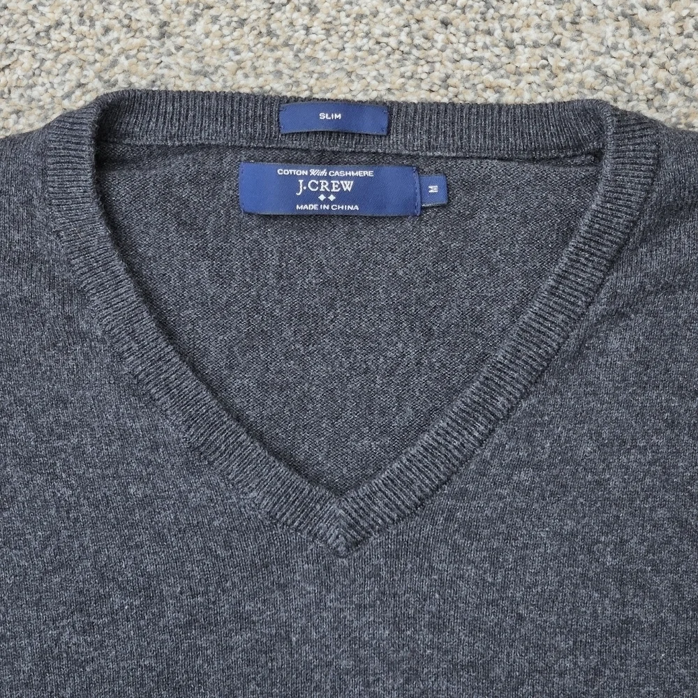 J Crew Cashmere Cotton Sweater Charcoal Gray V Neck Slim Fit Mens Size Medium